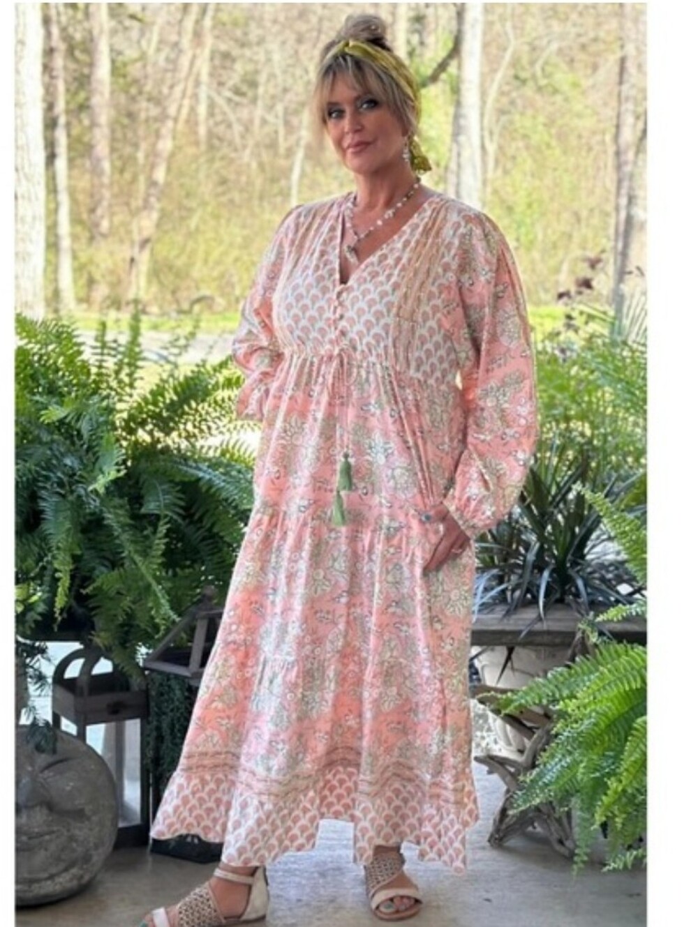 New Jaded Gypsy Cotton Women’s Pink Floral Maxi Dress with Tassel Cinch Tie